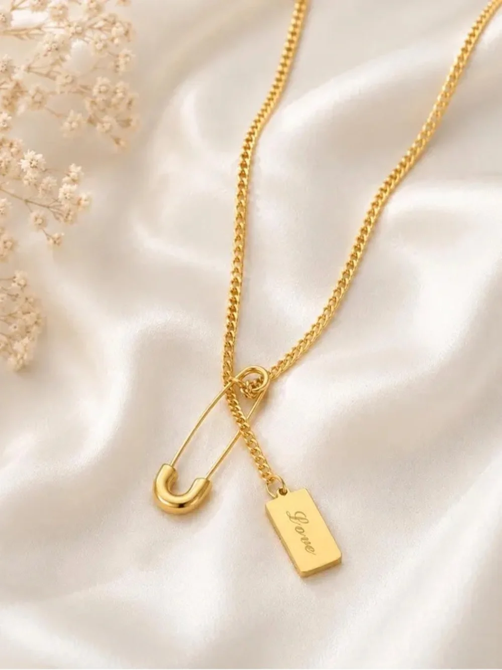 Safety Pin Necklace, 18K Gold Plated Love Necklace, Stainless Steel Necklace
